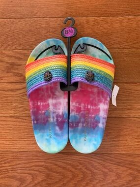 Kurt Geiger MEENA Eagle Tie Dye Woven Rainbow Sliders sandals W8.5/EU39-40 NWOT